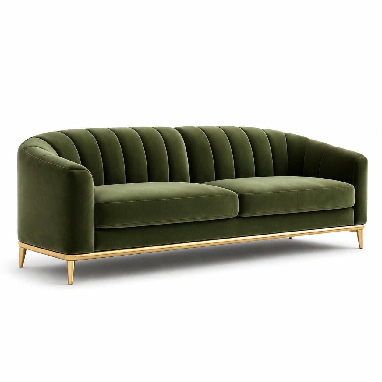 Grünes Velourssofa mit goldenen Metallbeinen, 3-Sitzer, 220 cm