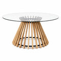Runder Esstisch aus Glas mit Holzgestell und Metallring