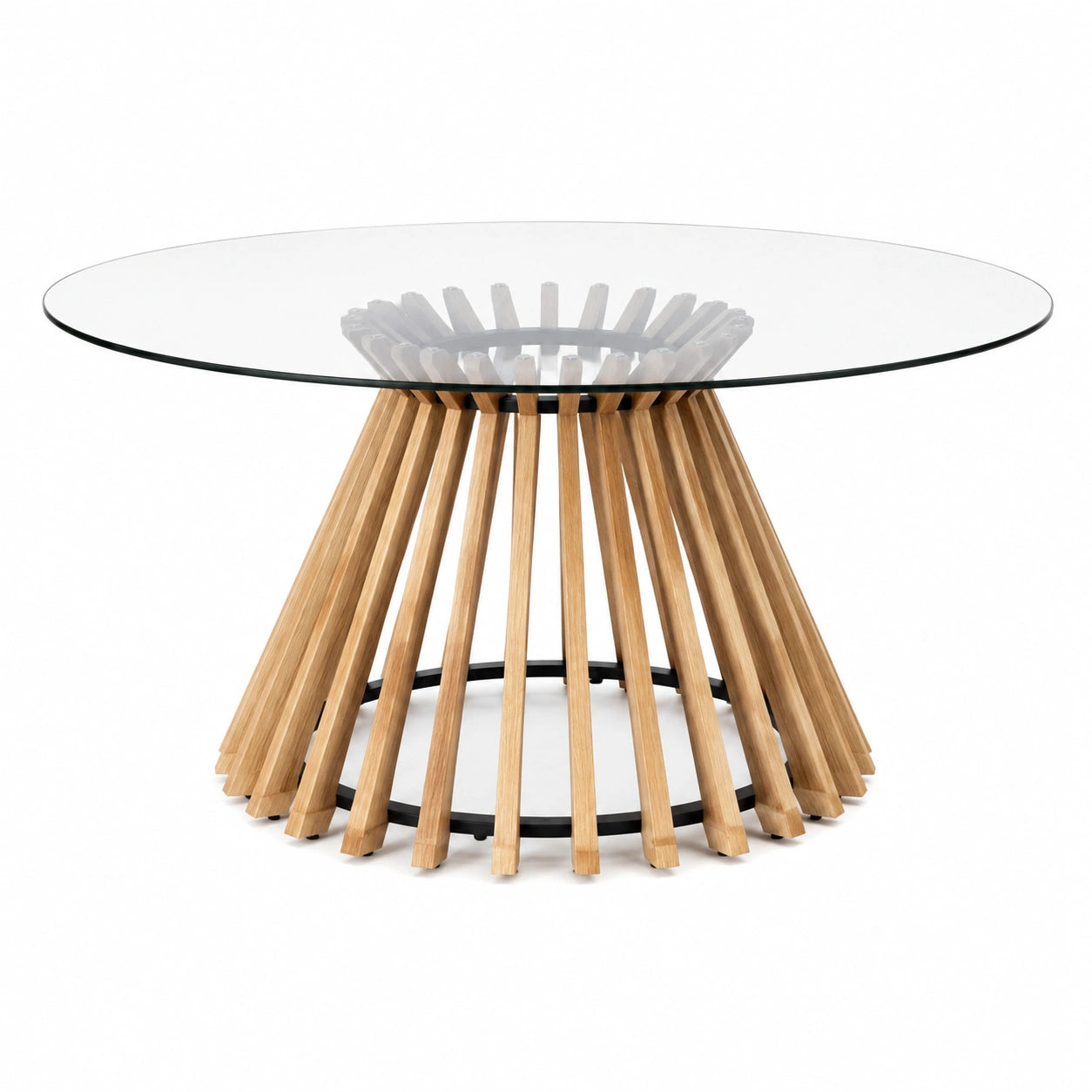 Runder Esstisch aus Glas mit Holzgestell und Metallring
