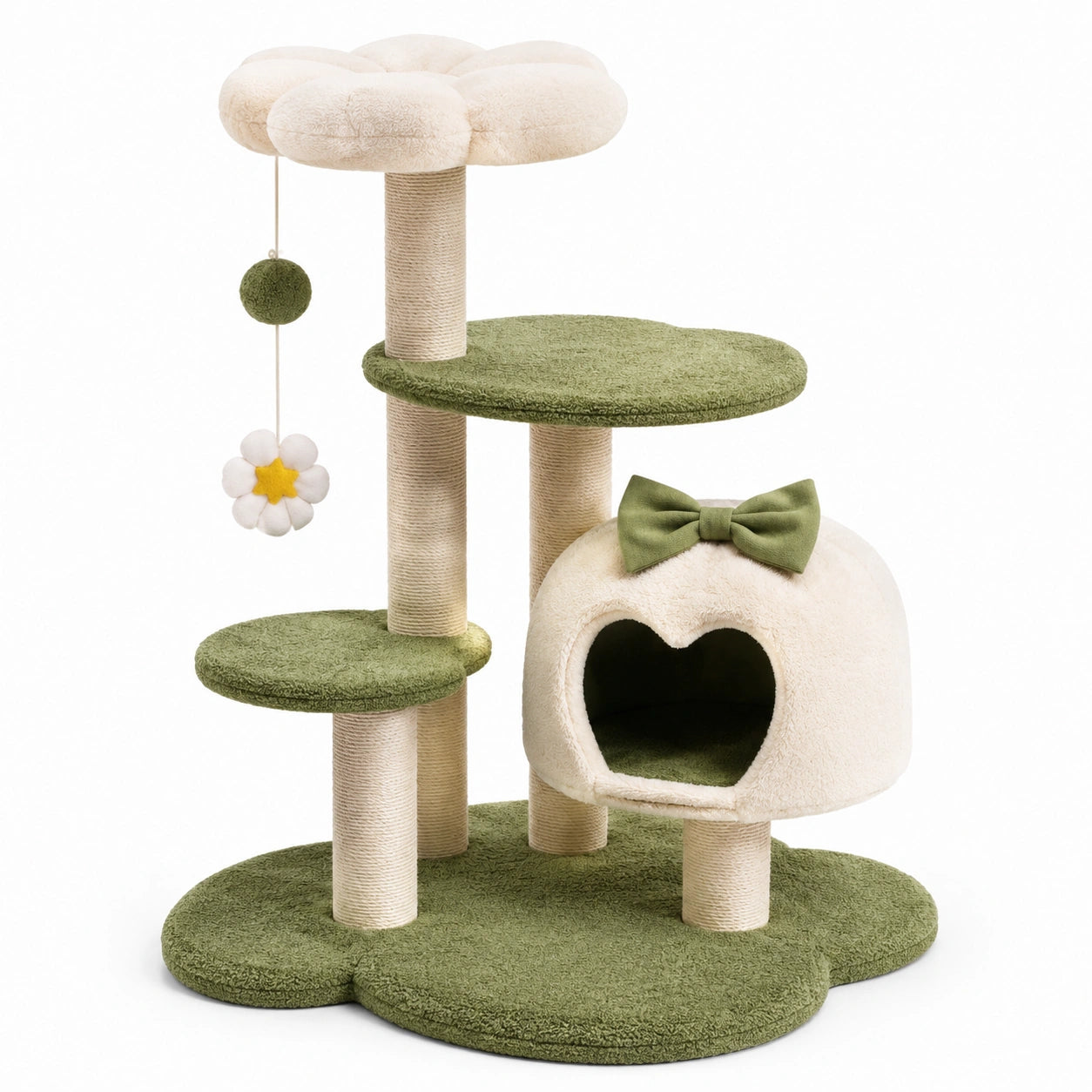 Katzenkratzbaum aus Jute mit Plüschblume und Höhle, 80 cm, Beige/Grün