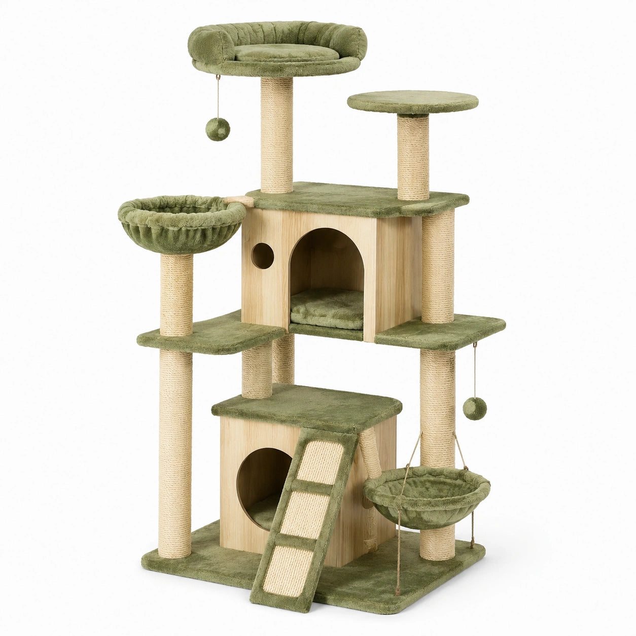 Katzenkratzbaum mit Plattformen und Höhlen, grün, 140 cm, MDF und Sisal