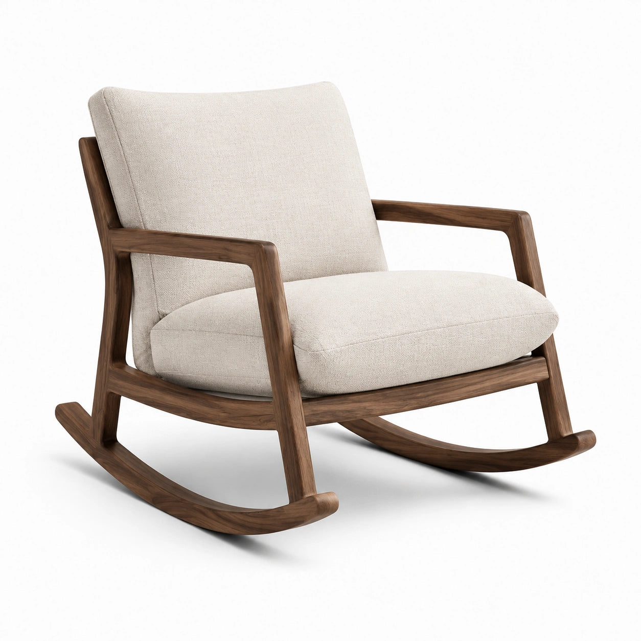 Schaukelstuhl aus Walnussholz mit Polyesterstoff in Beige